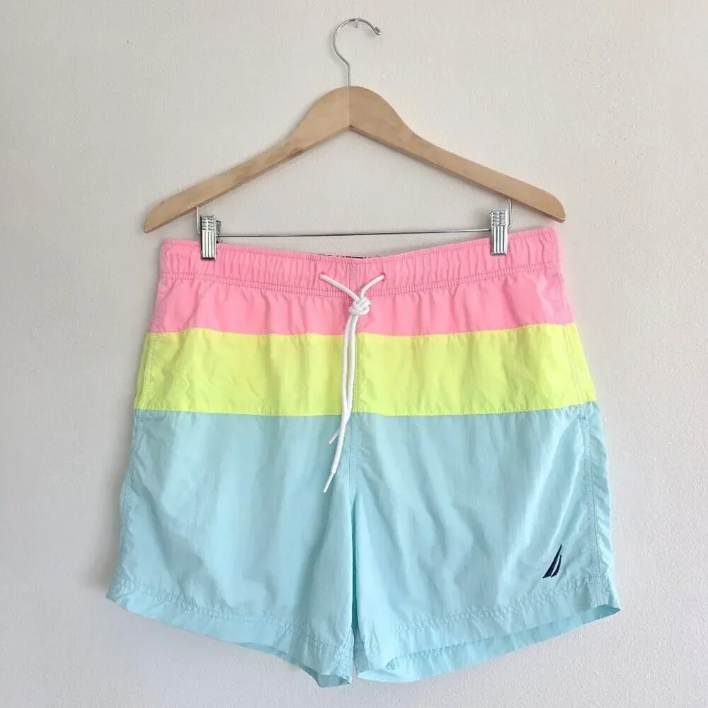 Nautica Neon Color Block Swim Shorts 90s Retro Pink Yellow Blue Board Shorts